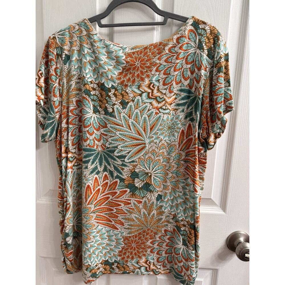 Ruby Rd XL Pullover Top Beaded Neckline Coral Teal Short Sleeve Stretch - Picture 4 of 13